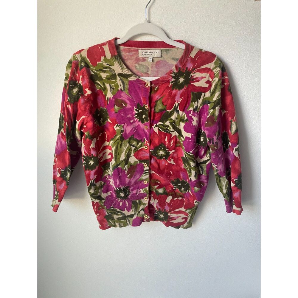 Vintage Jones New York Bold Floral Knit Cardigan Sweater Gold Button PM